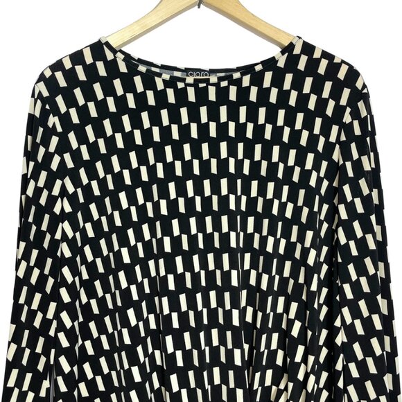 Clara Sunwoo Check Print Top Size L Black Cream Front Knot Stretch Knit Blouse - Picture 3 of 11